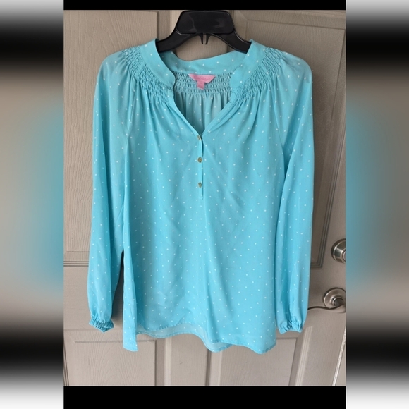 Lilly Pulitzer Elsa 100% Silk Tunic Sz S Popover PolkaDot Blue White Colorful - Picture 2 of 12